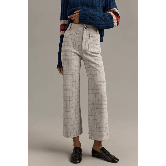 Anthropologie Maeve Colette Cropped Wide Leg Pants Knit Plaid Gray Women 33 TALL
